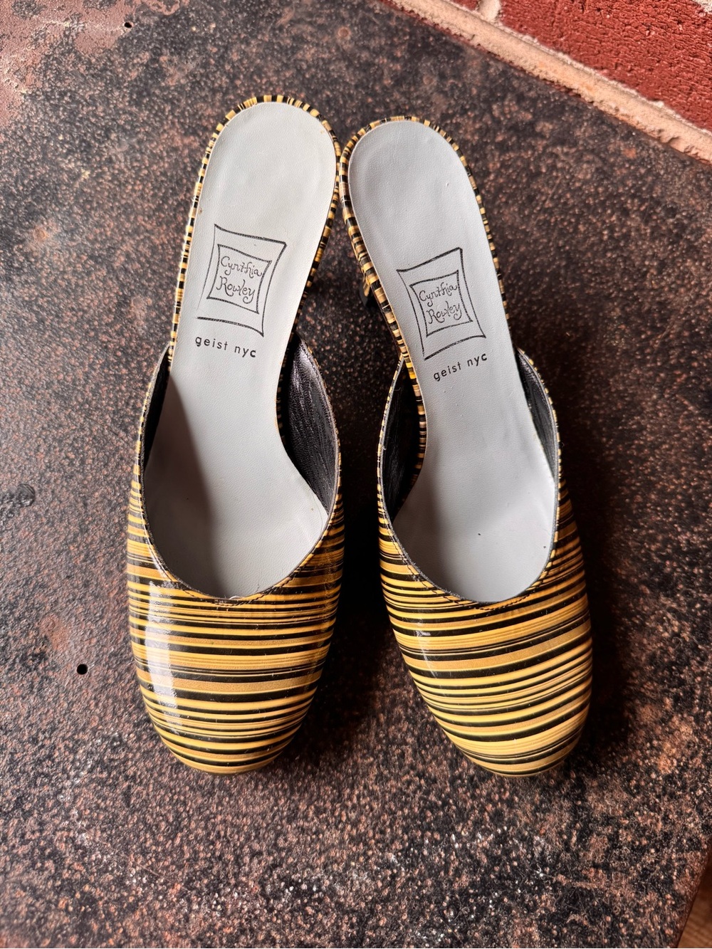 Cynthia Rowley Yellow and Black Striped Mule Slides